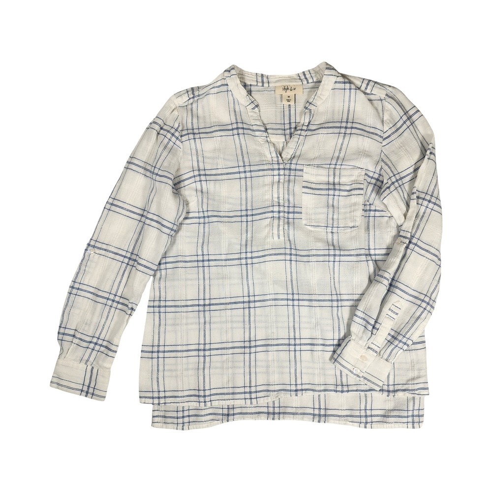 Style & Co Womens Blue White Plaid Gauze Henley Blouse Roll Tab Sleeve Medium
